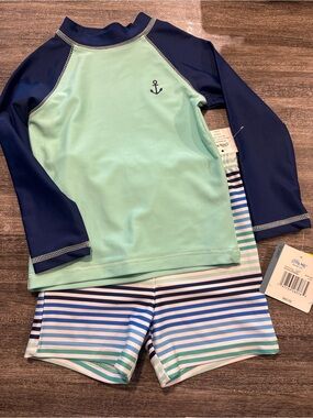 Little Me Mint & Navy Anchor Long-Sleeve Rashguard Set